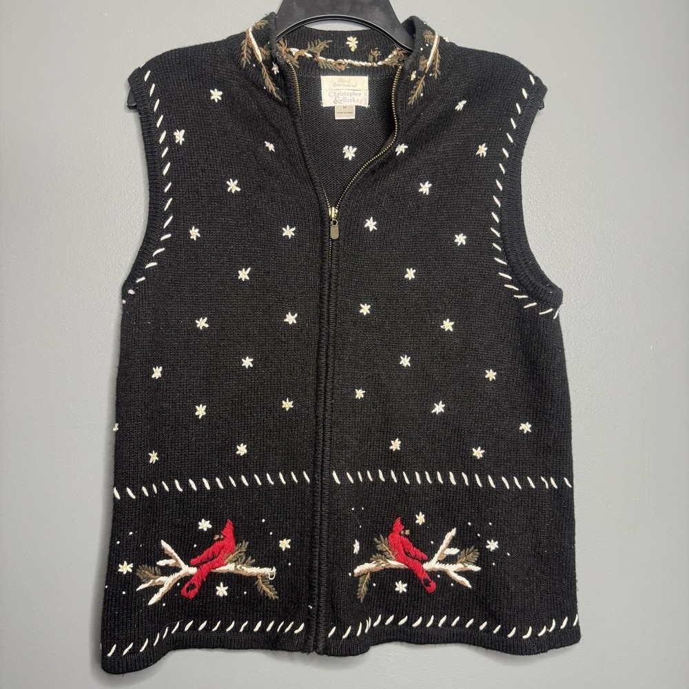 Christopher Banks Sweater Vest Womens Medium Christmas Embordered Cardinal VTG